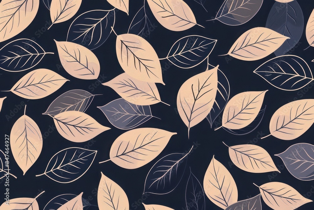 Fototapeta premium Elegant pattern of beige and dark leaves on a navy background. Perfect for fabric, wallpaper, and textile design.