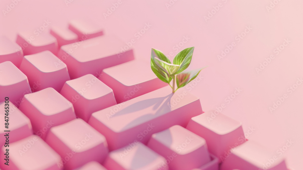 A small green plant growing from the middle of a pink keyboard, symbolizing innovation, growth, and the digital world. A small green plant growing from the middle of a pink keyboard, symbolizing innovation, growth, and the digital world.