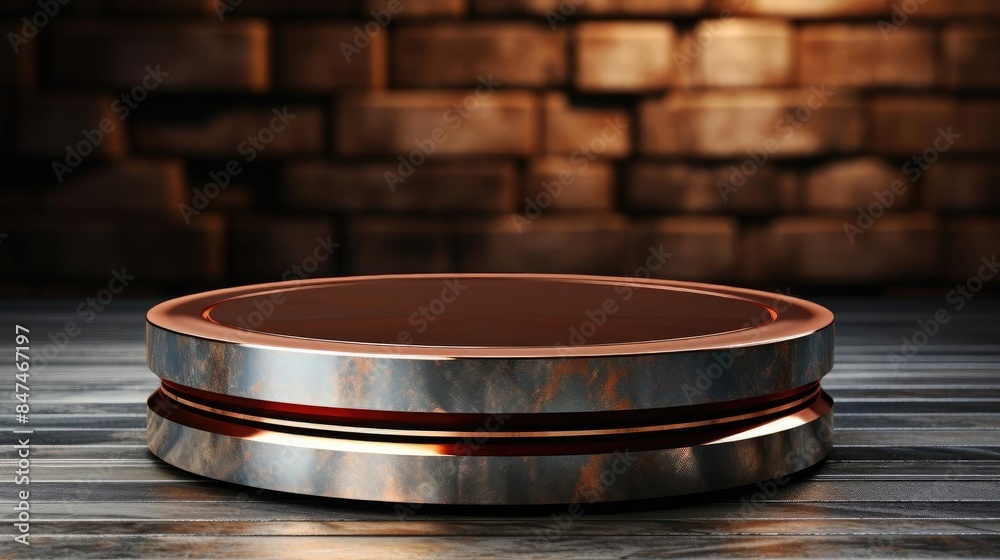 Metal podium product stand or display with blur background and cinematic light Metal podium product stand or display with blur background and cinematic light