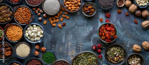 An array of nuts and dried fruits displayed on a stone table from above.