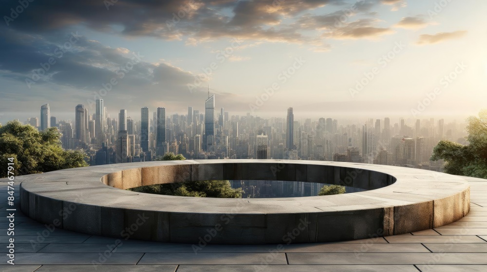 3d circle rock podium product stand or display with Sky and city background and cinematic light 3d circle rock podium product stand or display with Sky and city background and cinematic light