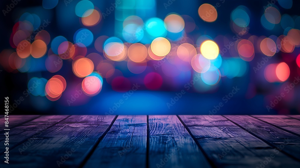 Wooden Table Surface with Vibrant City Lights Bokeh Background Empty Wooden Table With Neon Light Bokeh Background, Night View, Blurred Bokeh Lights Background Wooden Table Surface with Vibrant City Lights Bokeh Background Empty Wooden Table With Neon Light Bokeh Background, Night View, Blurred Bokeh Lights Background