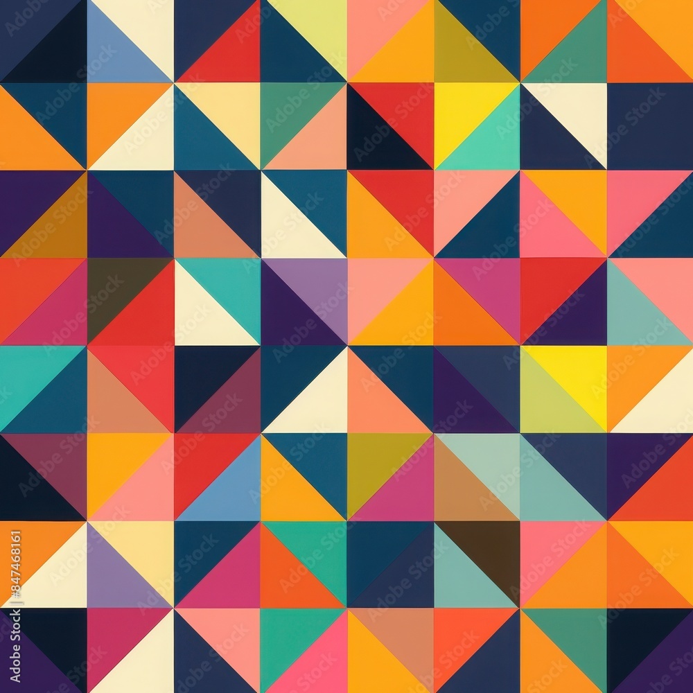 Vibrant geometric pattern with colorful triangles creating a modern abstract design for backgrounds or textiles. Vibrant geometric pattern with colorful triangles creating a modern abstract design for backgrounds or textiles.