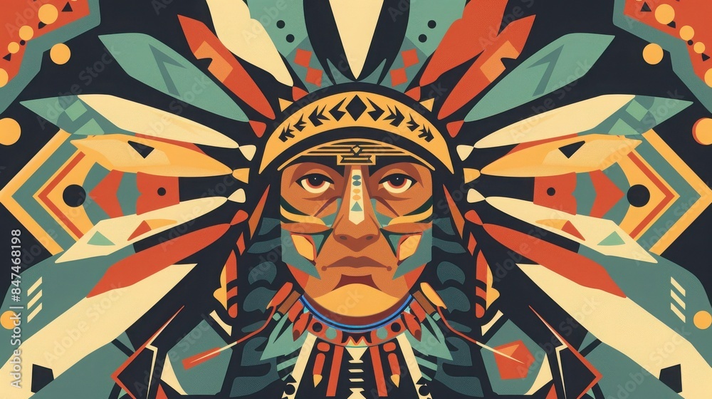Vibrant tribal art illustration featuring a stylized face with colorful geometric patterns and feathers.