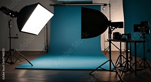 Modern photo studio with professional lighting, sleek floors and walls