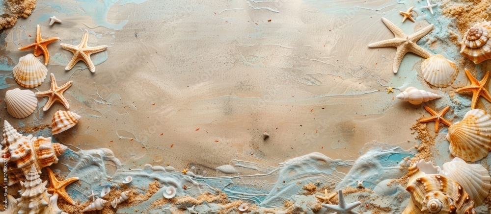 Sunny Beach Scene: Aerial View of Seashells, Starfish, and Sandy Shoreline with Room for Text - Perfect Summer Backdrop. Sunny Beach Scene: Aerial View of Seashells, Starfish, and Sandy Shoreline with Room for Text - Perfect Summer Backdrop.