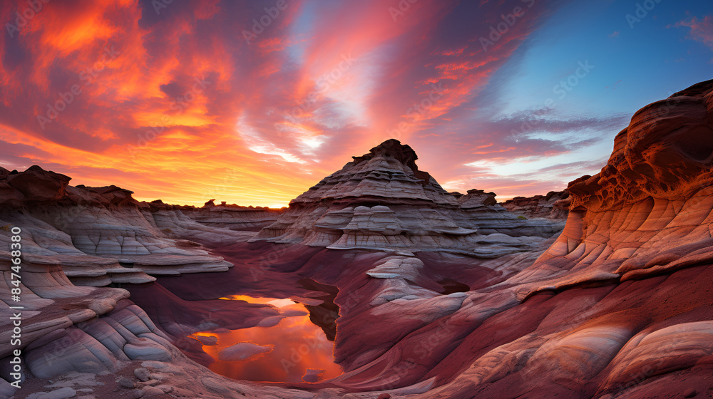 Fototapeta premium Sunset reflecting in water, creating a serene scene in a canyon.