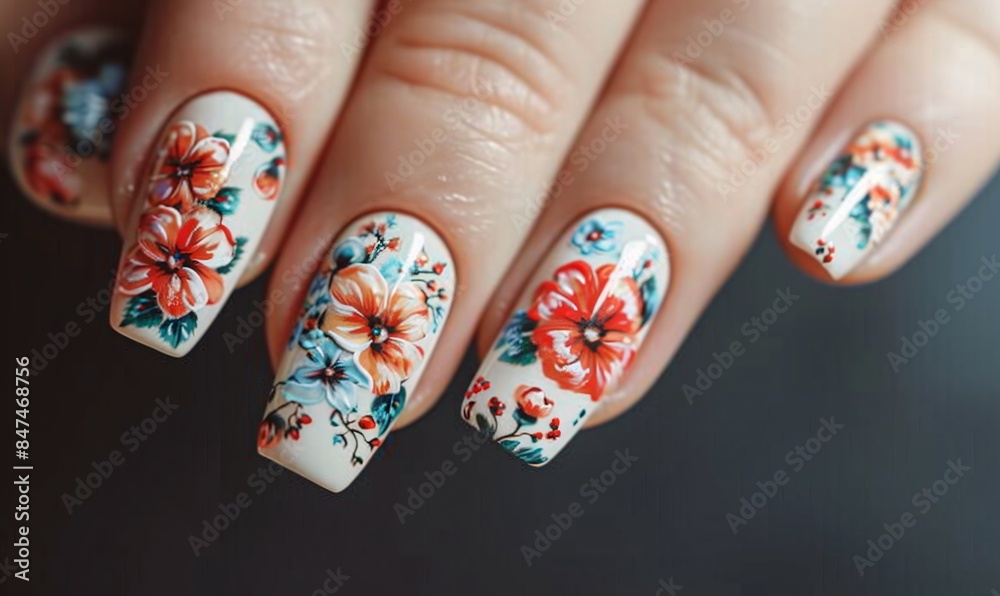 a female hand with a beautiful floral manicure, showcasing detailed nail art with cute painted flowers. a female hand with a beautiful floral manicure, showcasing detailed nail art with cute painted flowers.