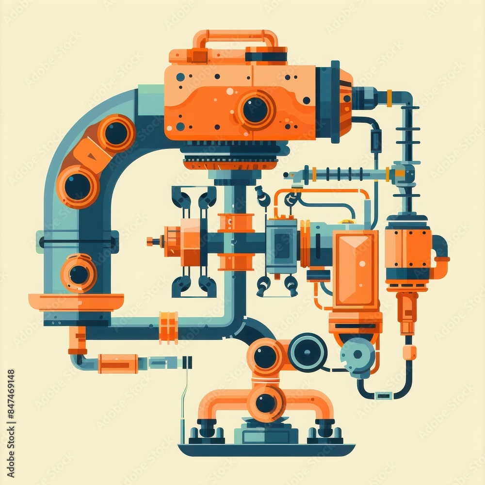 Colorful abstract industrial machine illustration with pipes and mechanical components, showcasing intricate engineering detail. Colorful abstract industrial machine illustration with pipes and mechanical components, showcasing intricate engineering detail.