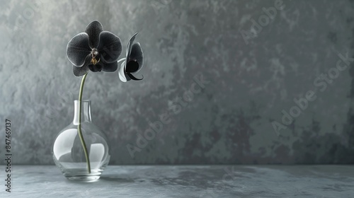 An elegant glass vase holding a single exotic black orchid, with a smooth grey surface providing a contrastive backdrop. 32k, full ultra HD, high resolution