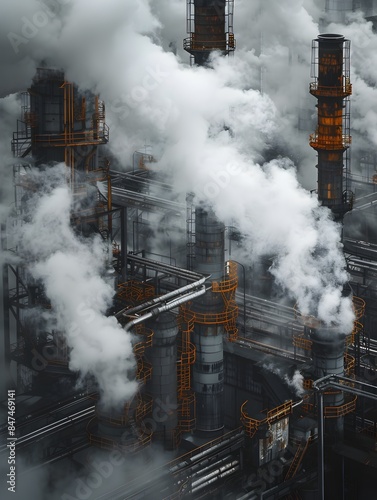 Smoke Rising from Industrial Chimneys in a Dense Urban Landscape