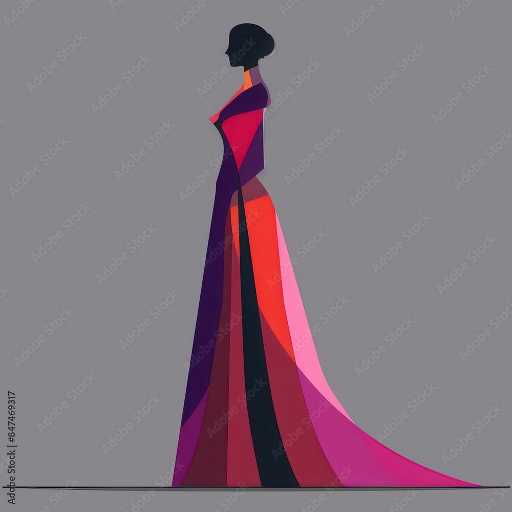 Elegant silhouette of a woman in a stylish red and purple gown, modern fashion illustration, art. Elegant silhouette of a woman in a stylish red and purple gown, modern fashion illustration, art.