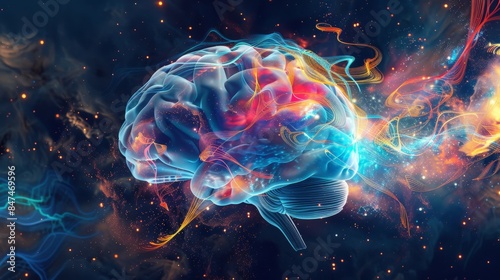 A background image of a brain with swirling thoughts depicted as colorful lines and abstract shapes against a dark space-themed backdrop