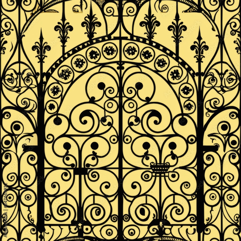 Seamless pattern of ornate wrought iron gates and fences, Generative AI Seamless pattern of ornate wrought iron gates and fences, Generative AI