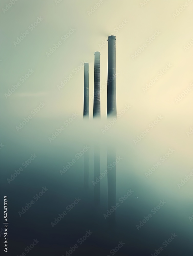 Monumental smoke stacks puncturing the horizon with expansive clear space