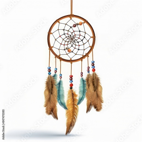 Beautiful handmade dreamcatcher with feathers and beads, isolated on a white background, perfect for serene and peaceful decor. © Jeannaa