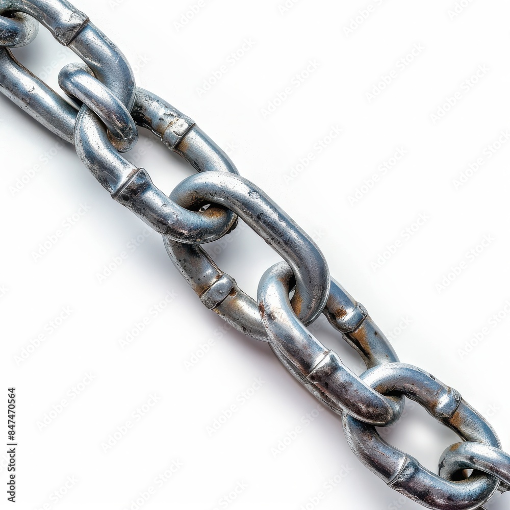 Fototapeta premium Close-up shot of a metal chain on a white background. The strong, interconnected links symbolize strength, unity, and security.