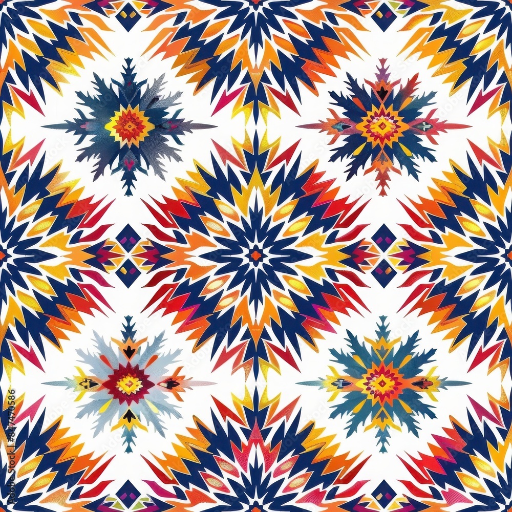 Colorful geometric tribal pattern with symmetrical design featuring vibrant shapes in blue, red, yellow, and white. Ideal for textile designs. Colorful geometric tribal pattern with symmetrical design featuring vibrant shapes in blue, red, yellow, and white. Ideal for textile designs.