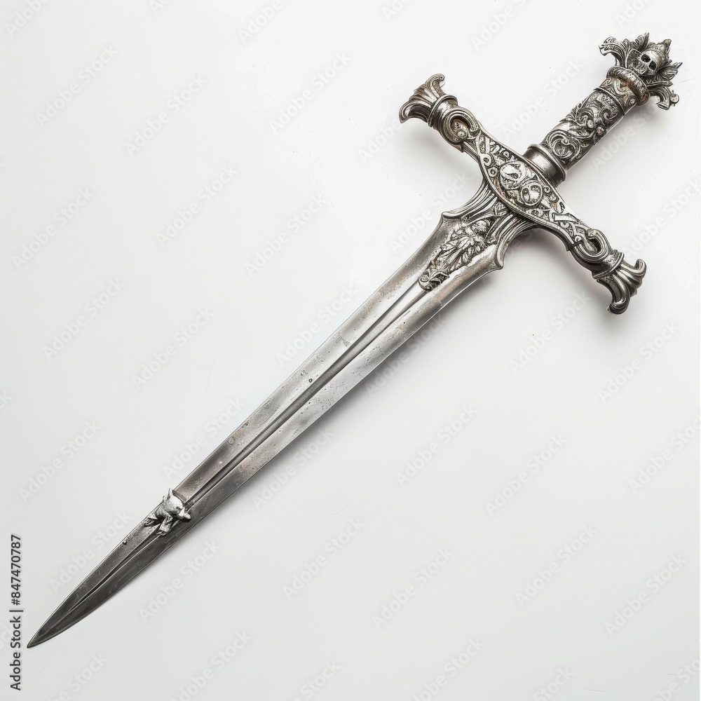 Highly detailed antique silver sword with ornate engravings on the hilt and blade, isolated on a white background. Highly detailed antique silver sword with ornate engravings on the hilt and blade, isolated on a white background.