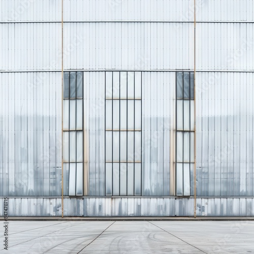 Exterior of a large industrial building with metal facade and tall windows  reflecting light and empty foreground pavement.