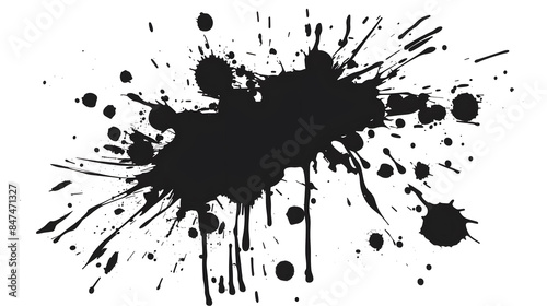 black ink Splatter, black paint, ink brush strokes, brushes, lines, grungy. Dirty artistic design elements, Black inked splatter dirt stain splattered spray splash with drops blots.  photo