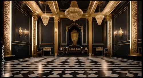 Luxurious throne hall with serene lamp lighting.