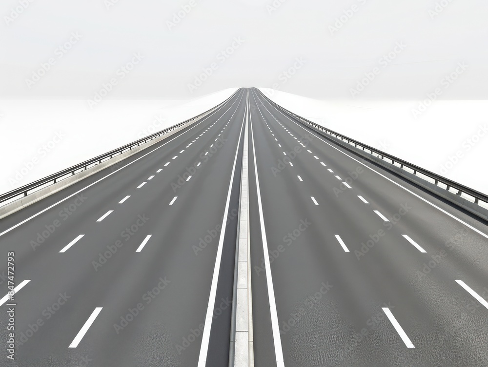 Fototapeta premium Wide empty highway with multiple lanes, vanishing into a foggy horizon. Concept of journey, travel, and limitless possibilities.