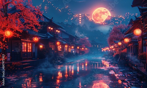 a cyberpunk artwork of a Japanese village at night in a utopian setting, depicted in bold neon colors typical of synthwave style.