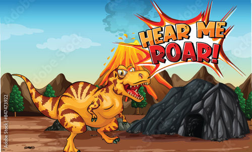 Dinosaur roaring with volcano in background
