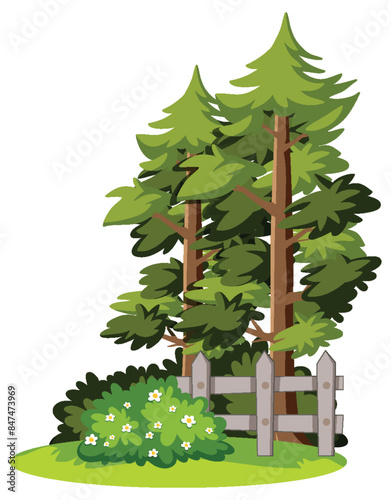 Trees and bushes near a wooden fence