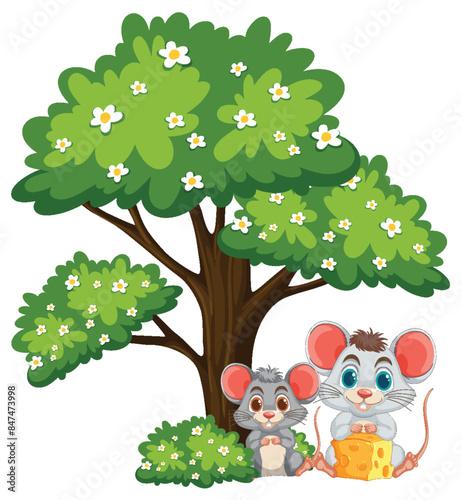 Two mice sitting under a blooming tree