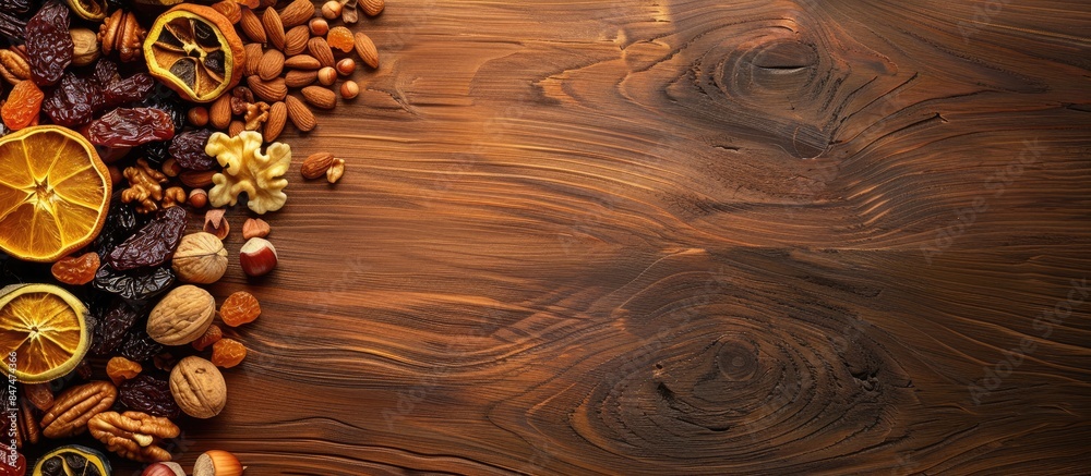 Dried fruits and nuts assortment on a rich wooden backdrop, featuring space for text. Overhead perspective showcasing the essence of the Jewish holiday Tu Bishvat. Dried fruits and nuts assortment on a rich wooden backdrop, featuring space for text. Overhead perspective showcasing the essence of the Jewish holiday Tu Bishvat.