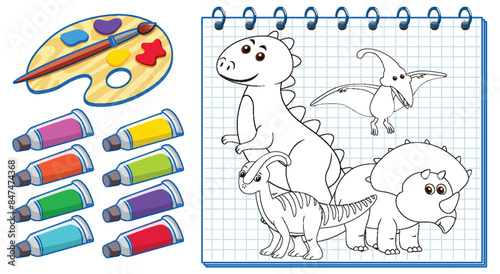 Dinosaur illustrations with paint palette and tubes