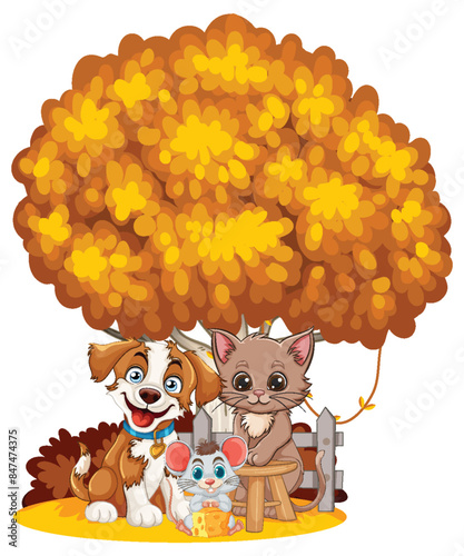 Dog, cat, and mouse together under a tree