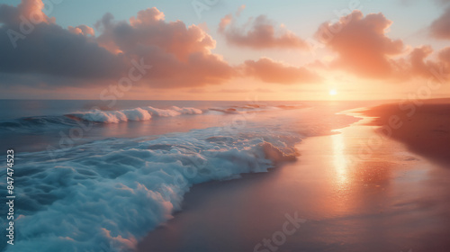 a serene, tranquil, and beautiful beach background at sunrise or sunset with very smooth water reflecting the pink and blue sky. creating a dreamlike effect  #847474523