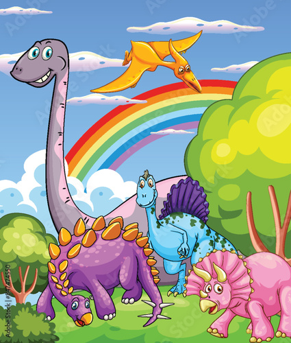 Happy dinosaurs in a vibrant landscape