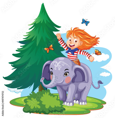 A child riding an elephant near a tree