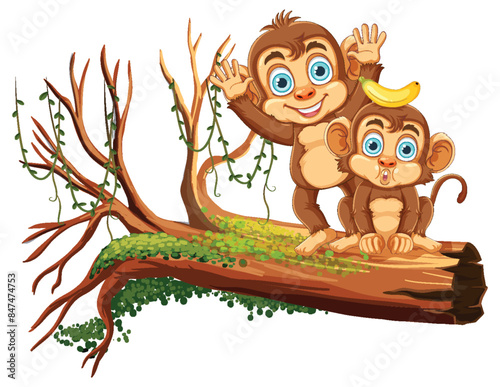 Two monkeys playing on a tree branch