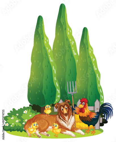 Dog, rooster, and chicks in a garden