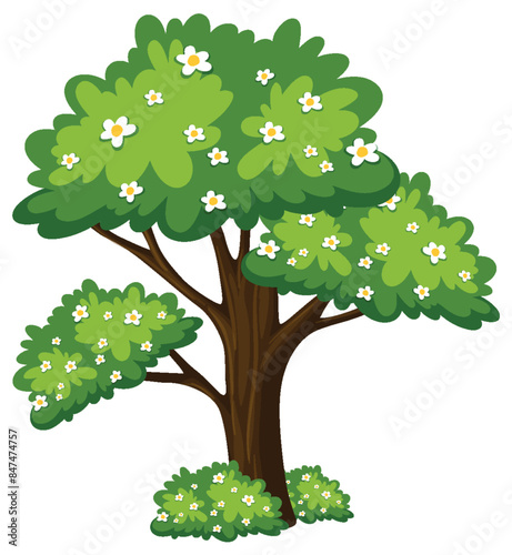 Tree with green leaves and white flowers