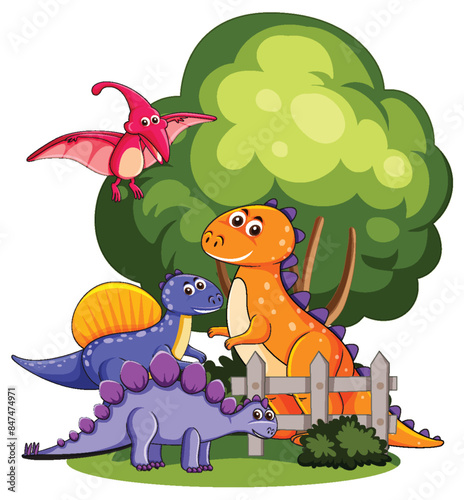 Colorful dinosaurs playing near a tree