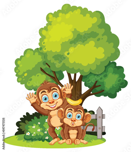 Two monkeys playing under a tree