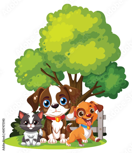 Two dogs and a cat outdoors