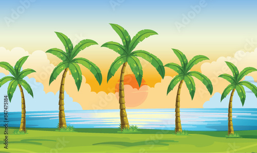 Palm trees by the ocean at sunset