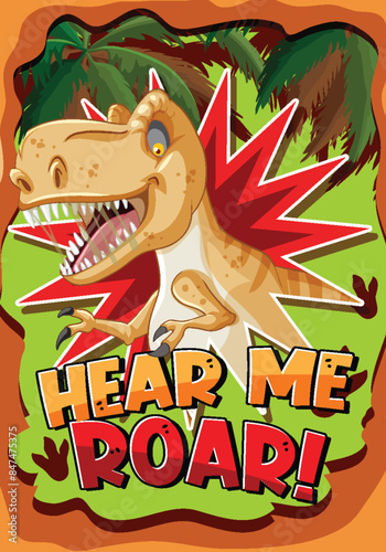 Cartoon dinosaur roaring in a jungle scene