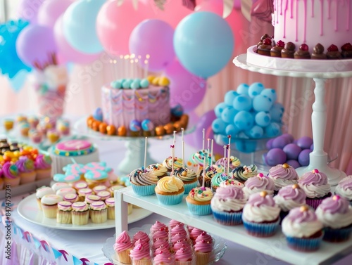 Birthday tablescape or candy bar with sweets, Birthday cake and cupcakes, beautiful party celebration - ai