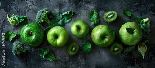 Green apple displayed in a set of organic fresh fruits and vegetables from an overhead perspective, emphasizing their raw and healthy nature.