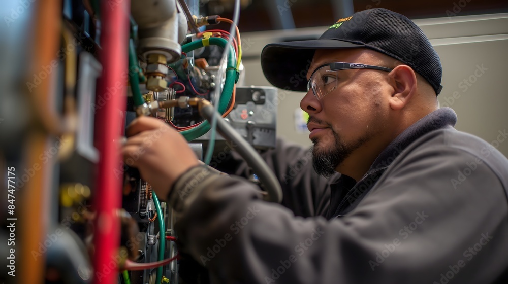2. Against a backdrop of tools and equipment, an HVAC technician delicately fine-tunes internal controls, their attention to detail evident as they troubleshoot and repair complex mechanisms, 2. Against a backdrop of tools and equipment, an HVAC technician delicately fine-tunes internal controls, their attention to detail evident as they troubleshoot and repair complex mechanisms,
