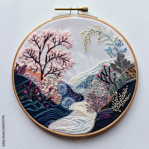 Embroidery hoop Trees, flowers, river