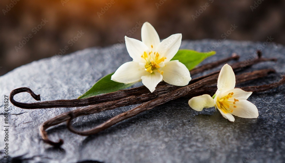 Fototapeta premium close-up photo of vanilla sticks with flowers